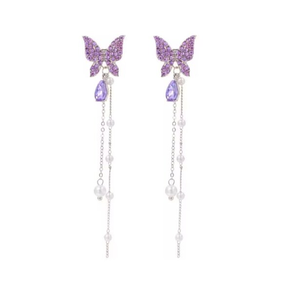 Cute Korean Style Faux Pearl Purple Butterfly Tassel Long Drop Earrings 2.5" - Picture 3 of 4
